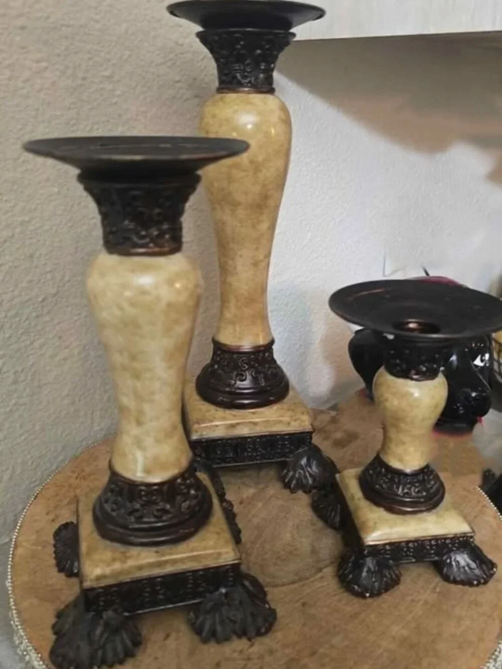 Set of 3 Vintage Marble Bronze Candle Holders